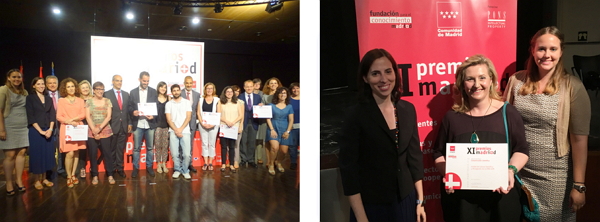 A la izquierda, los miembros de las Unidades de Cultura Científica premiadas. A la derecha, el equipo de la UCC+i de la OTRI UCM (de izquierda a derecha, Laura Chaparro, Rosa Mecha y María Milán). Autores: Comunidad de Madrid / UCM.