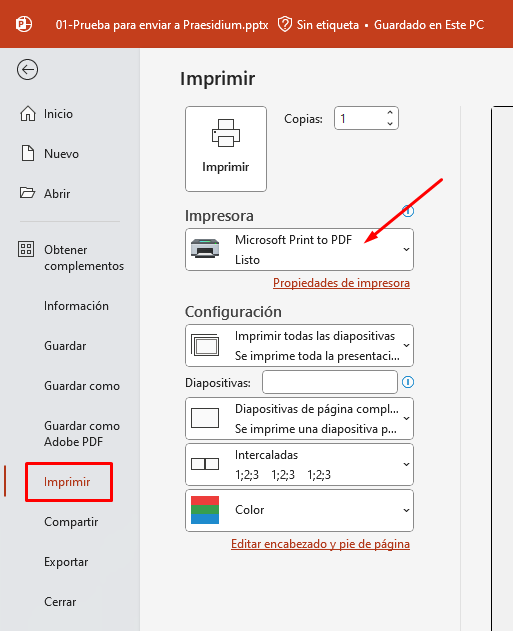 Menú para imprimir ficheros pdf compatible con Praesidium