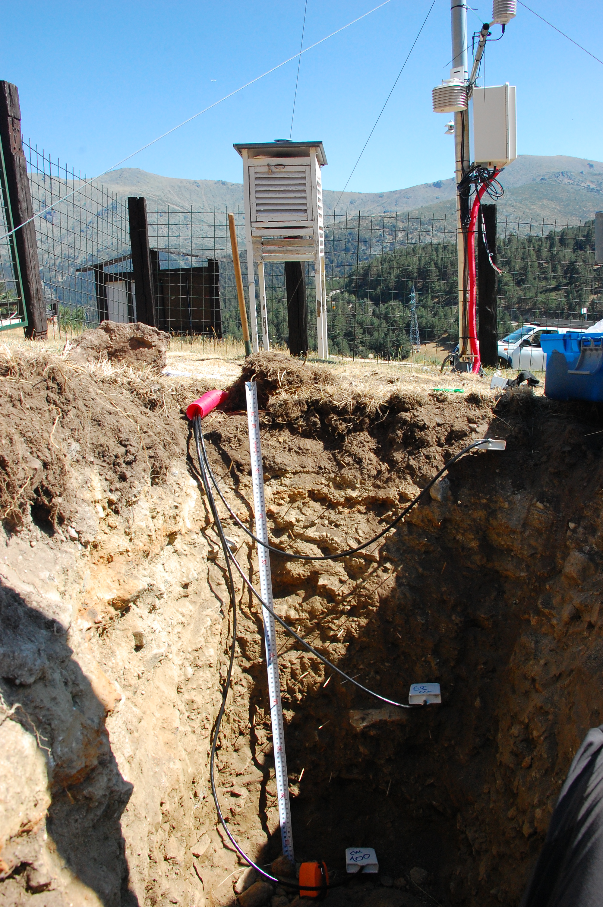 Trench with soil temperature and humidity sensors during taking of samples at EG004-Cotos (1.873 m a. s. l.) during the 2015 summer field work activities.
