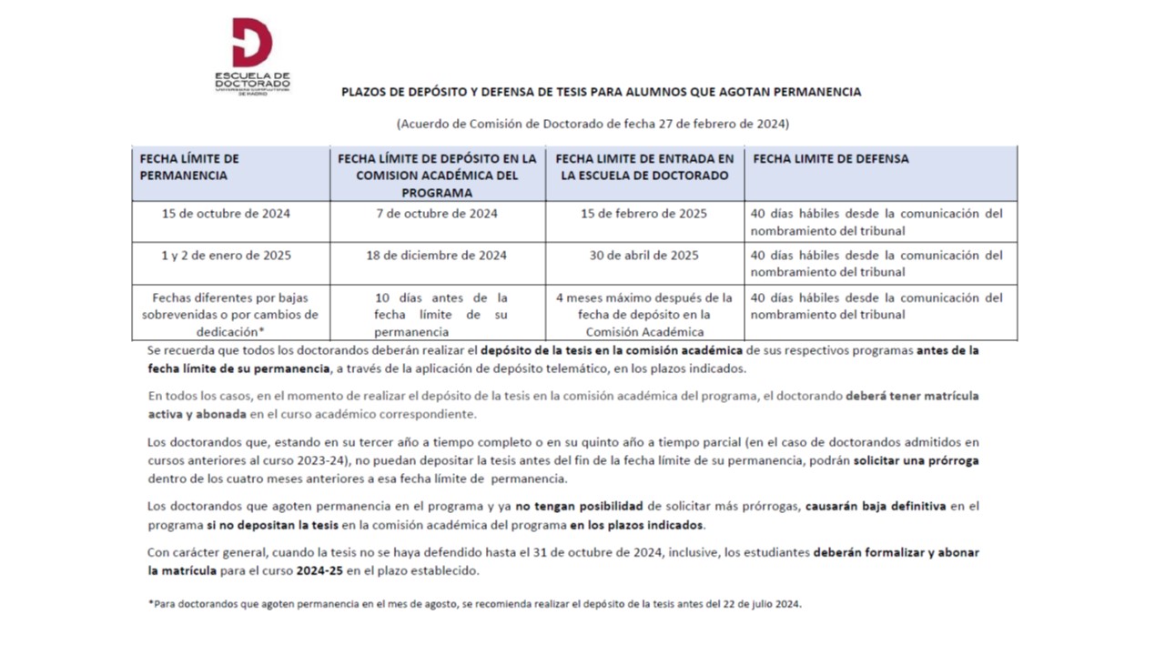 IMPORTANTE. RECORDATORIO FECHAS DE DEPÓSITO DE TESIS PARA ESTUDIANTES QUE FINALIZAN PERMANENCIA