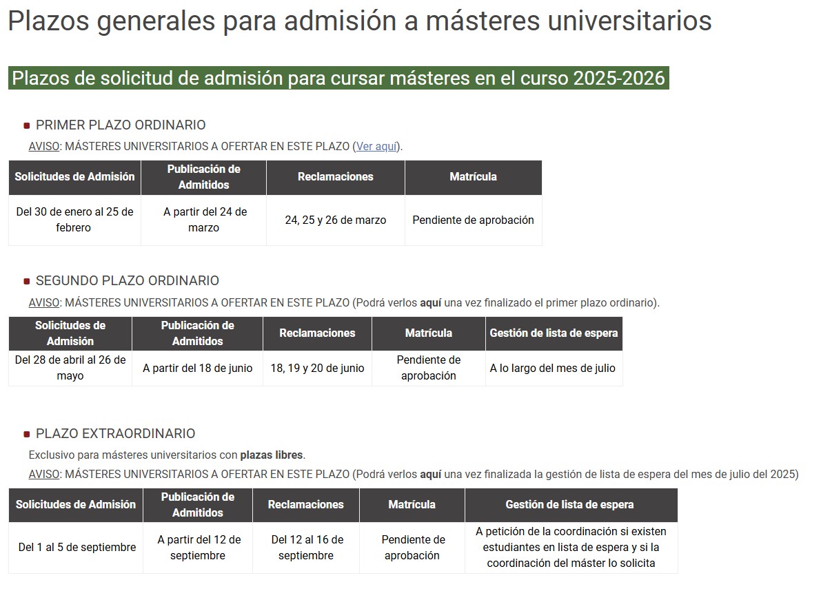 Plazos para la admisión Máster 2024-2025