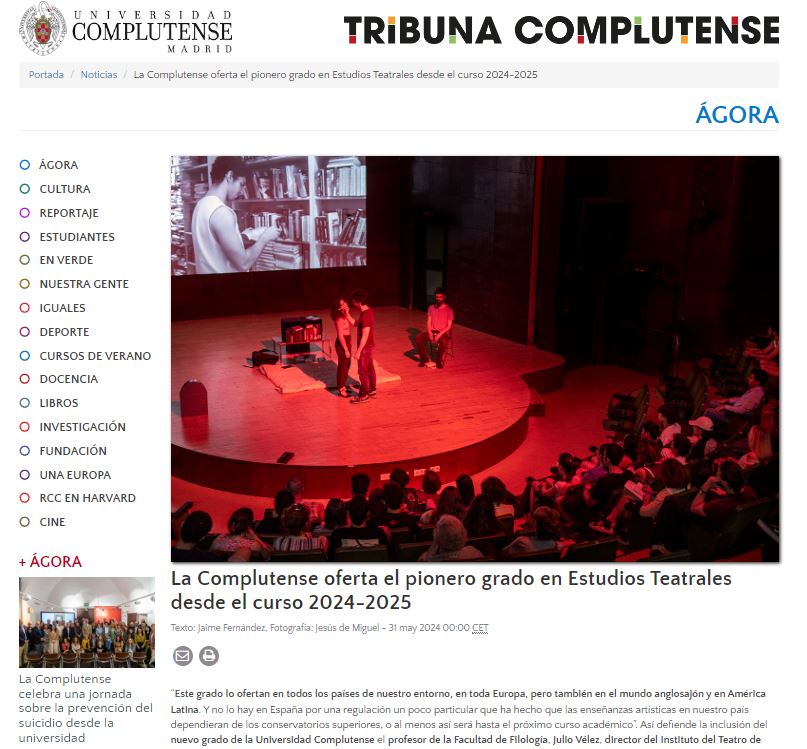 La Tribuna Complutense publica en portada la oferta del nuevo Grado en Estudios Teatrales