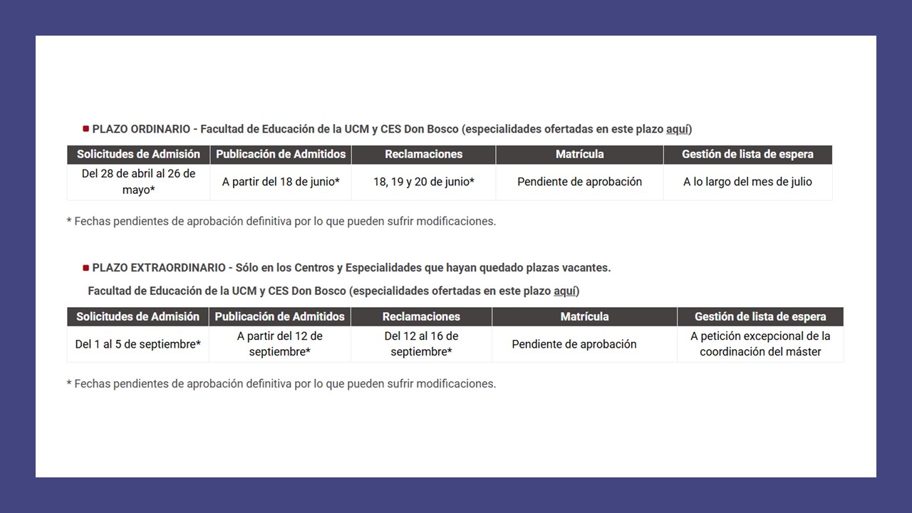 Plazos de admisión. Curso 2025-2026