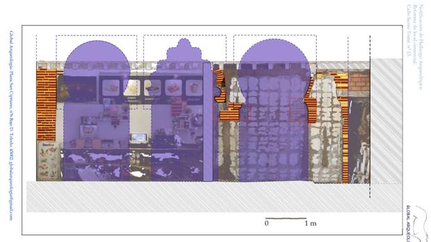 (Imagen 2) Montaje de reconstrucción de arcos de la mezquita santo tomé, encontrados en la panadería. Global Arqueología.