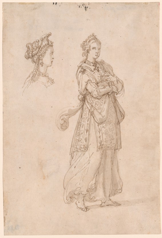 Diseño de vestuario de mujer para los Intermezzi de La Pellegrina (1589), Bernardo Buontalenti (1536-1608), para los que Laura Guidiccioni -la única académica al servicio de los Medici- escribió la letra del baile O che nuovo miracolo.