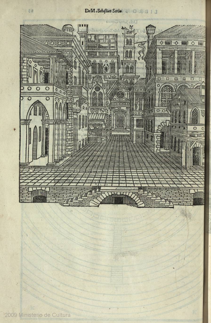 Sebastiano Serlio. 1551. Propuesta de composición escenográfica para escena de temática cómica.