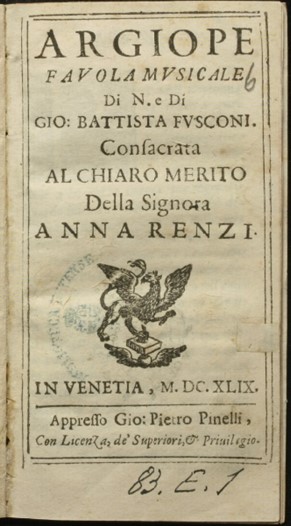 Anna Renzi en Argiope. Frontis del libreto.1649