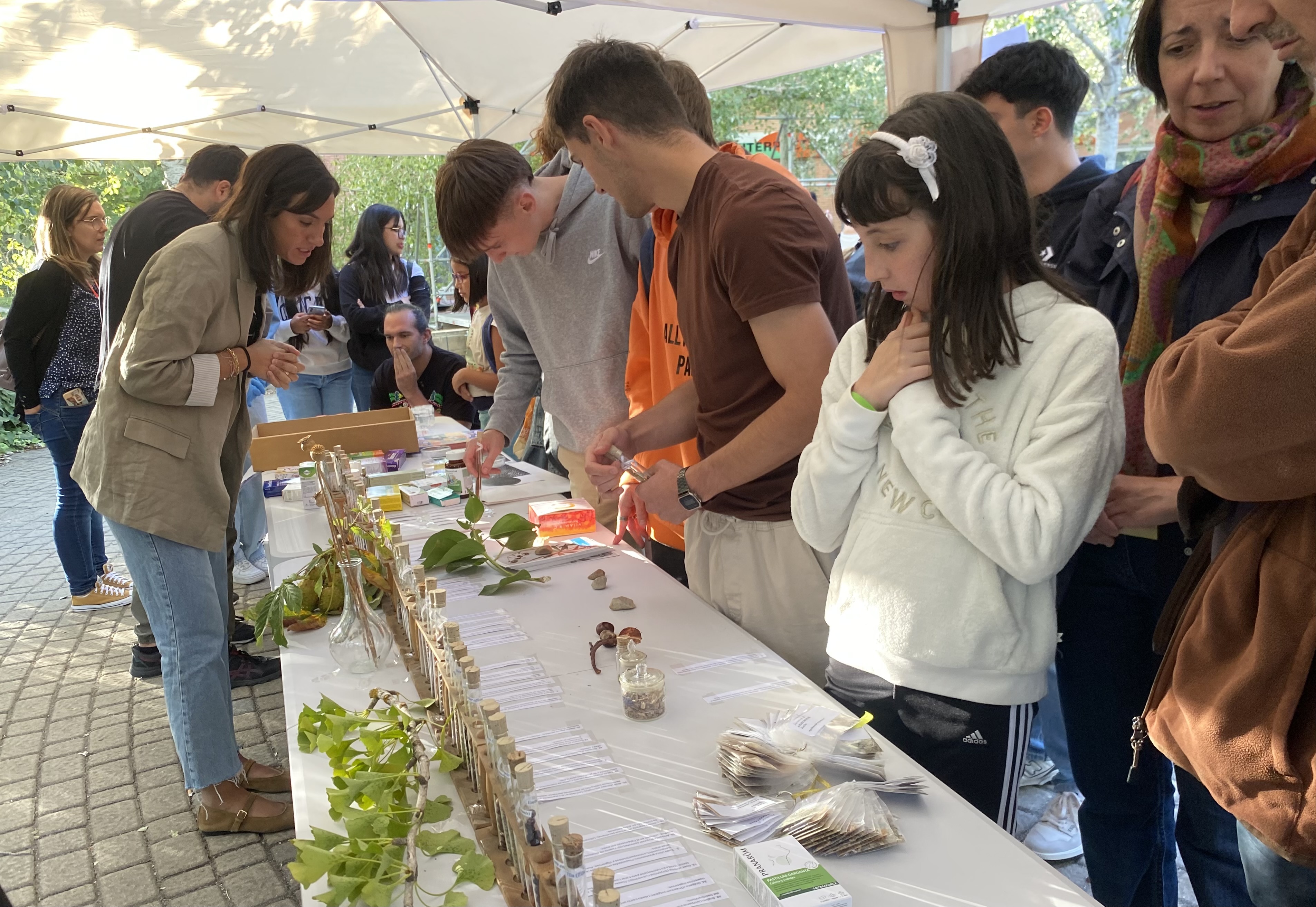 Tras el paseo por el Botánico, Marta y su equipo explican plantas, fármacos y nanopartículas. / María Milán.